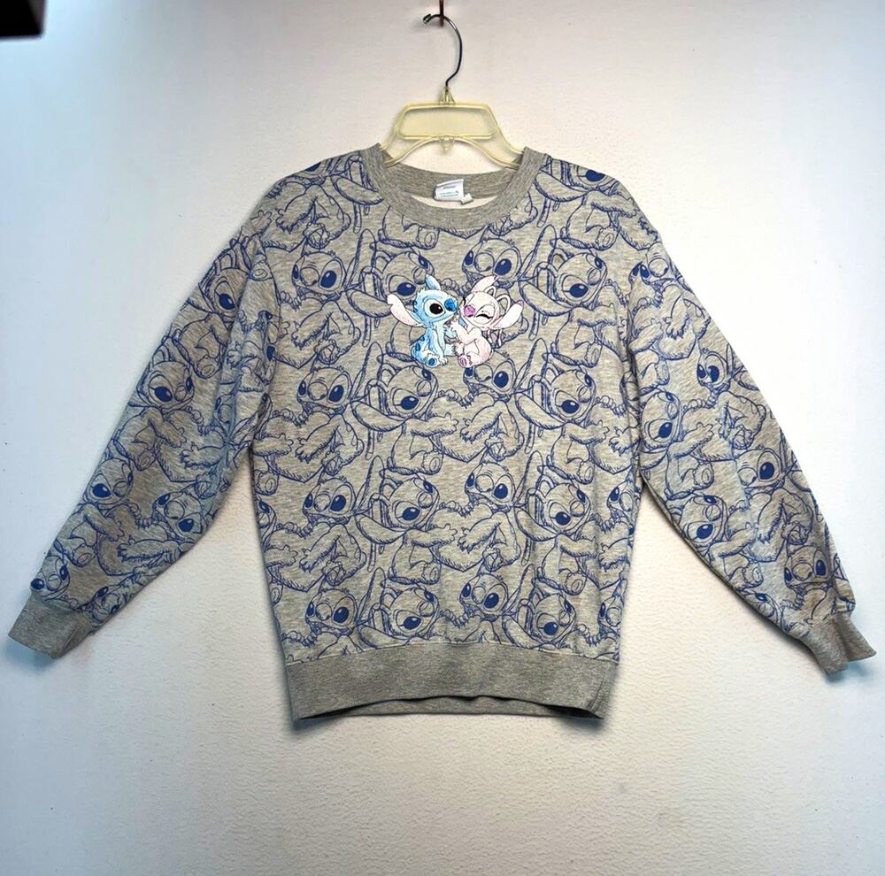 Cartoon Stitch & Angel Gray All Over Print Crewneck embroidered Sweatshirt small